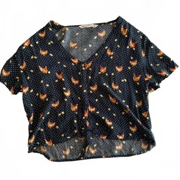 Vanilla Star Tops - Vanilla Star Tie Front Button Down Blue Chicken Blouse Casual Top Women's XL